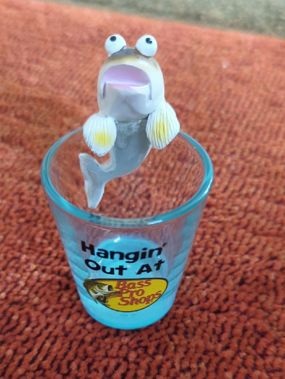 NWOT Bass Pro Shops 'Hangin Out At' Shot Glass with Hanging Trout Fish